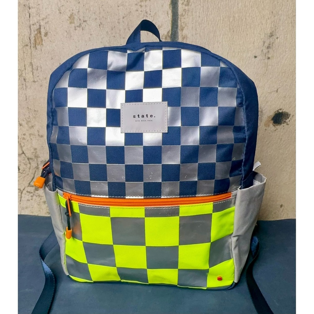 STATE Kane Kids Double Pocket Metallic Checkerboard Backpack Adjustable Full Zip